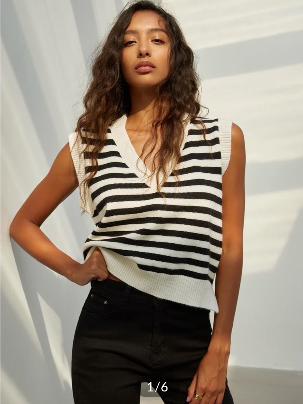 Commense Black and White Striped V-Neck Knit Vest